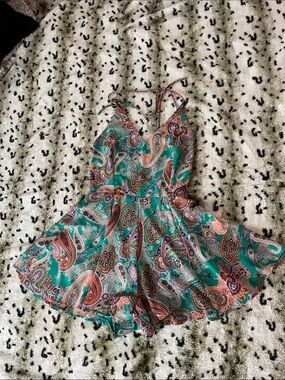 Lush Teal Paisley Halter Skater Romper